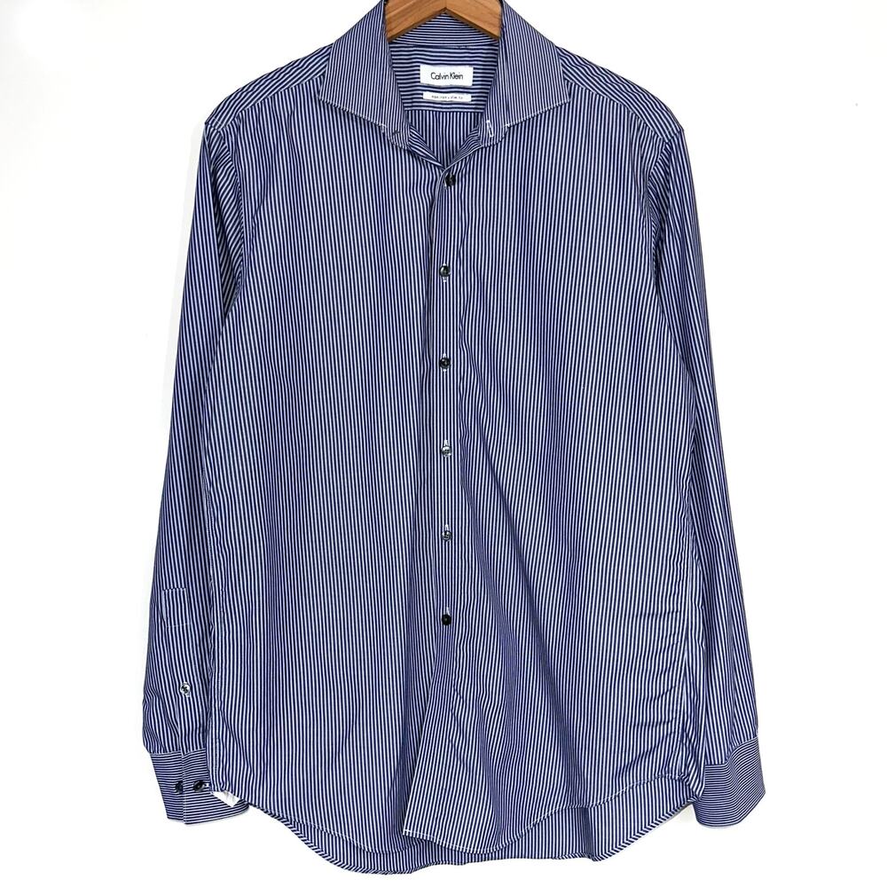 Calvin Klein Blue Stripe Slim Fit Collared Long Sleeve Button Down Dress Shirt